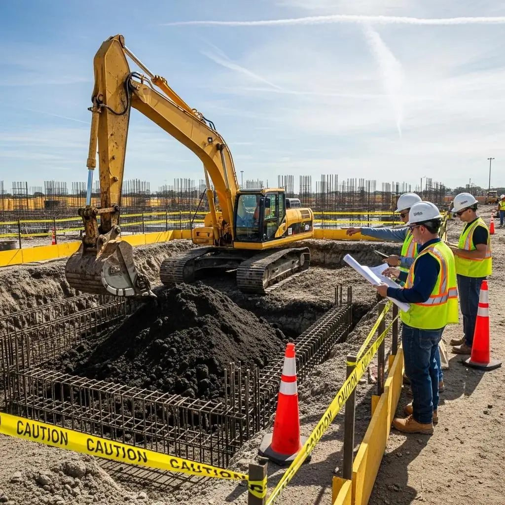 Excavator digging foundation for commercial building with workers ensuring safety