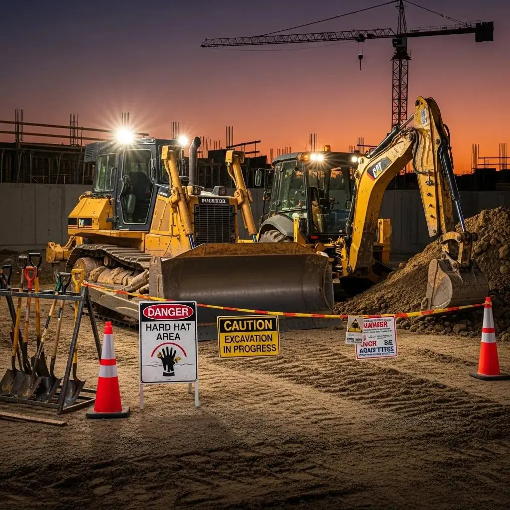 Heavy machinery on construction site with safety signs emphasizing compliance and safety