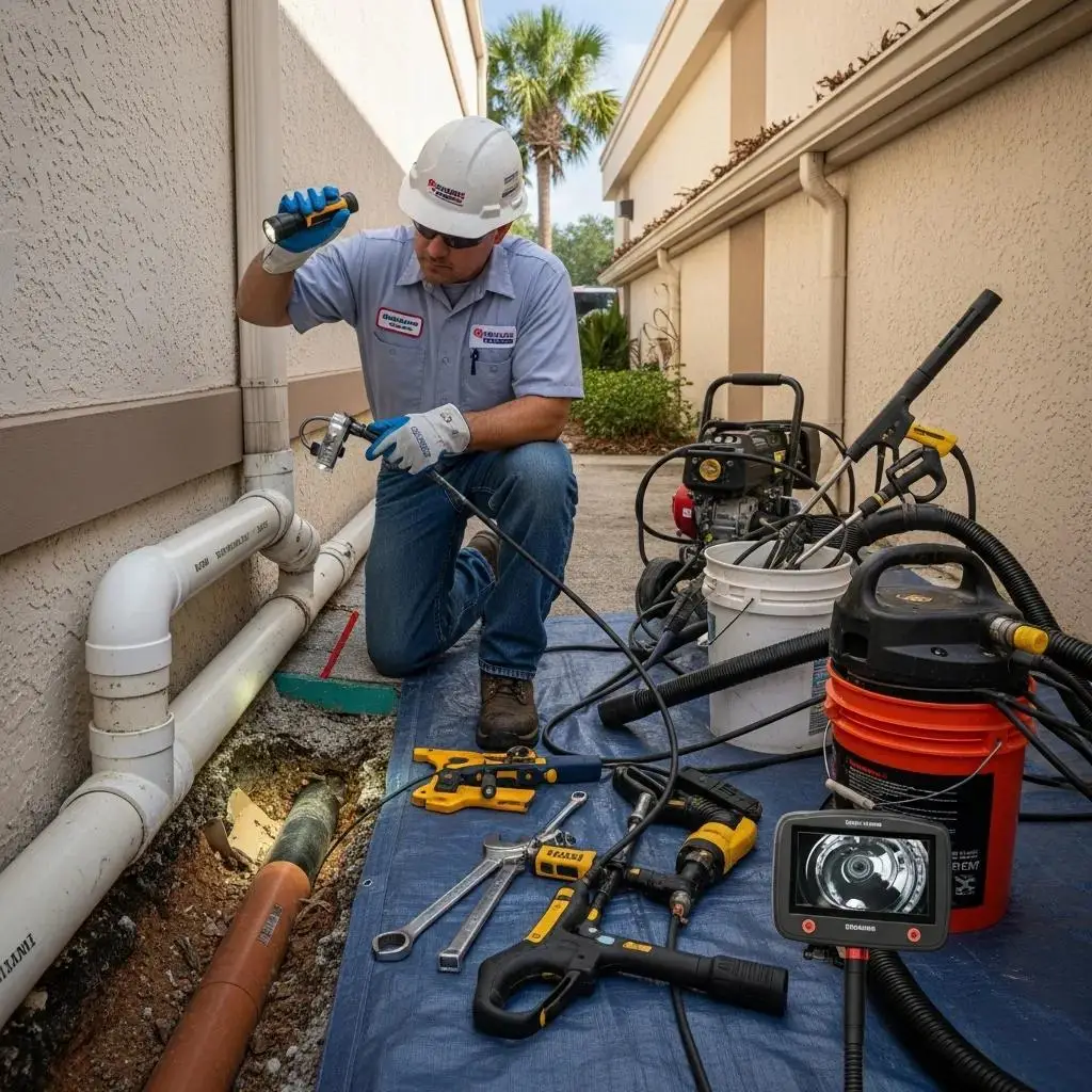 Technician inspecting a commercial drainage system during routine maintenance